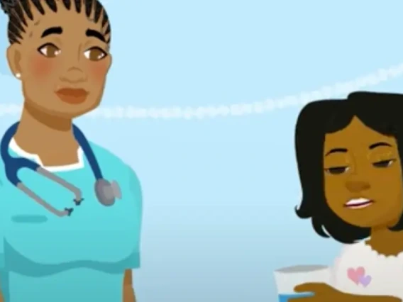 Drawing of school nurse talking to child from coloring book story.