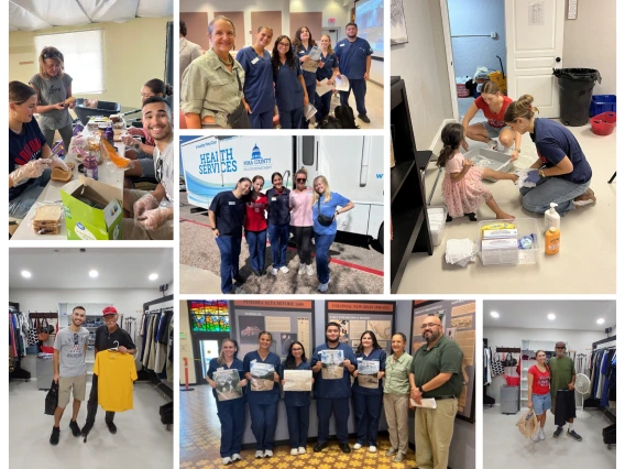 Collage of group photos of student volunteers, in a variety of volunteer settings