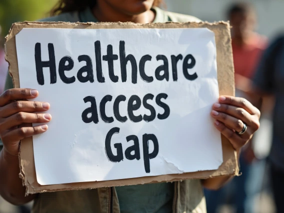 Person holding up sign labelled "healthcare access gap"