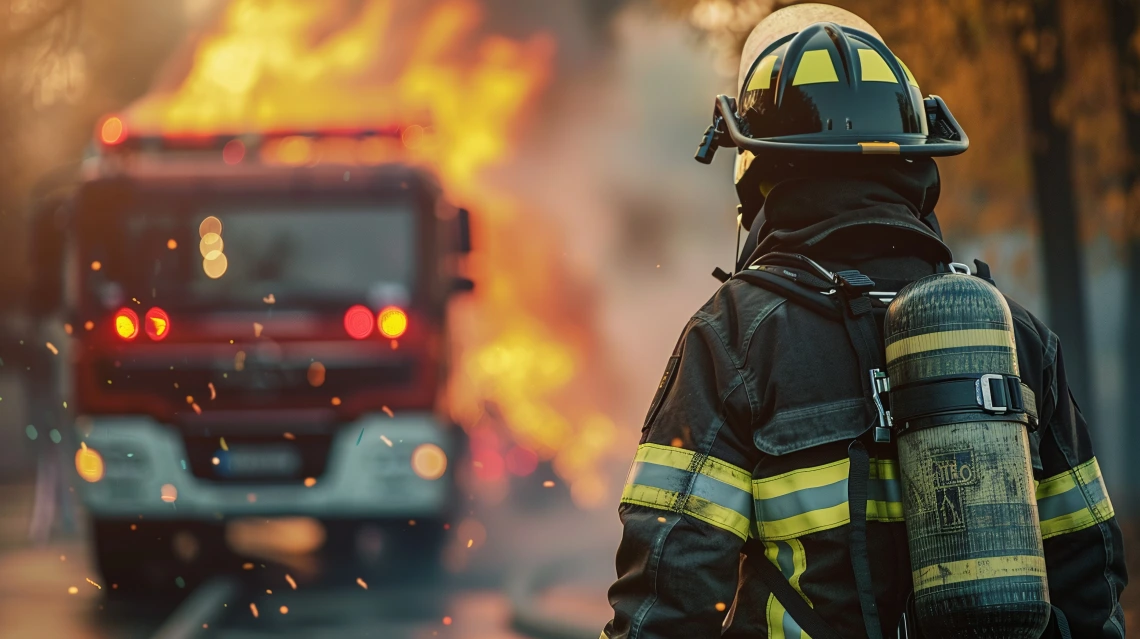 Firefighter in front of a fire and truck