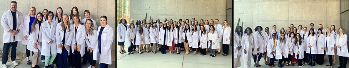 DNP students wearing white coats standing outside in groups