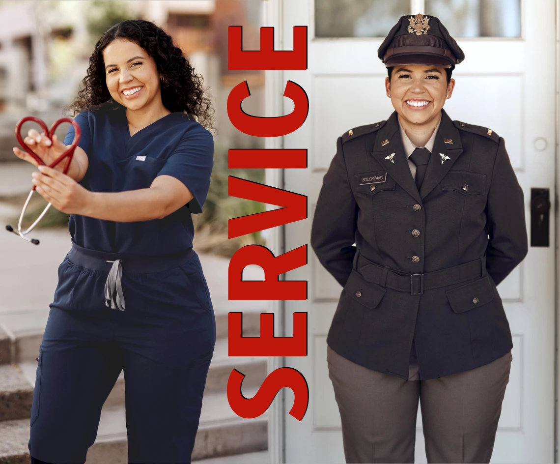 Solorzano in scrubs on the left, Solorzano in military uniform on the right, the word service is in the middle