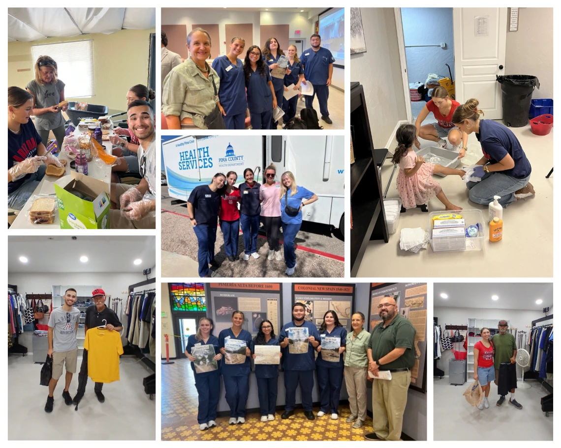 Collage of group photos of student volunteers, in a variety of volunteer settings