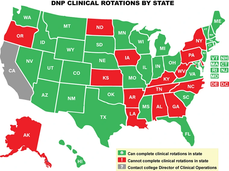 Map of the United States indicating what state DNP students can complete clinicals in.