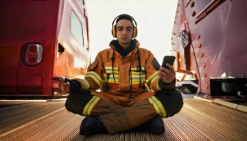 Firefighter meditating with phone